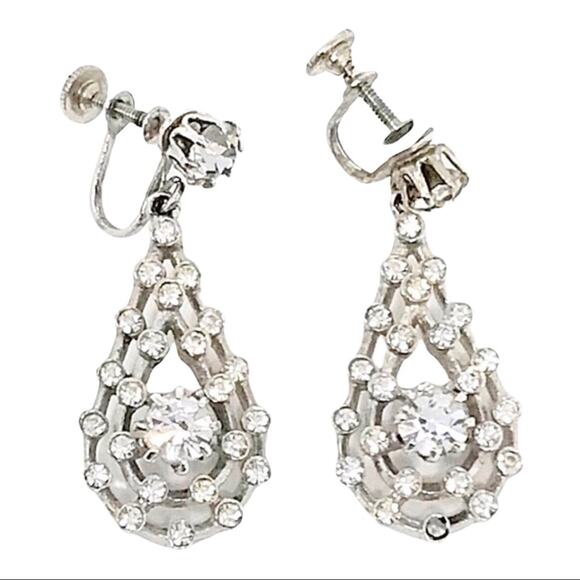 Vintage 1950’s Crystal Earrings Tear Drop - Picture 2 of 5